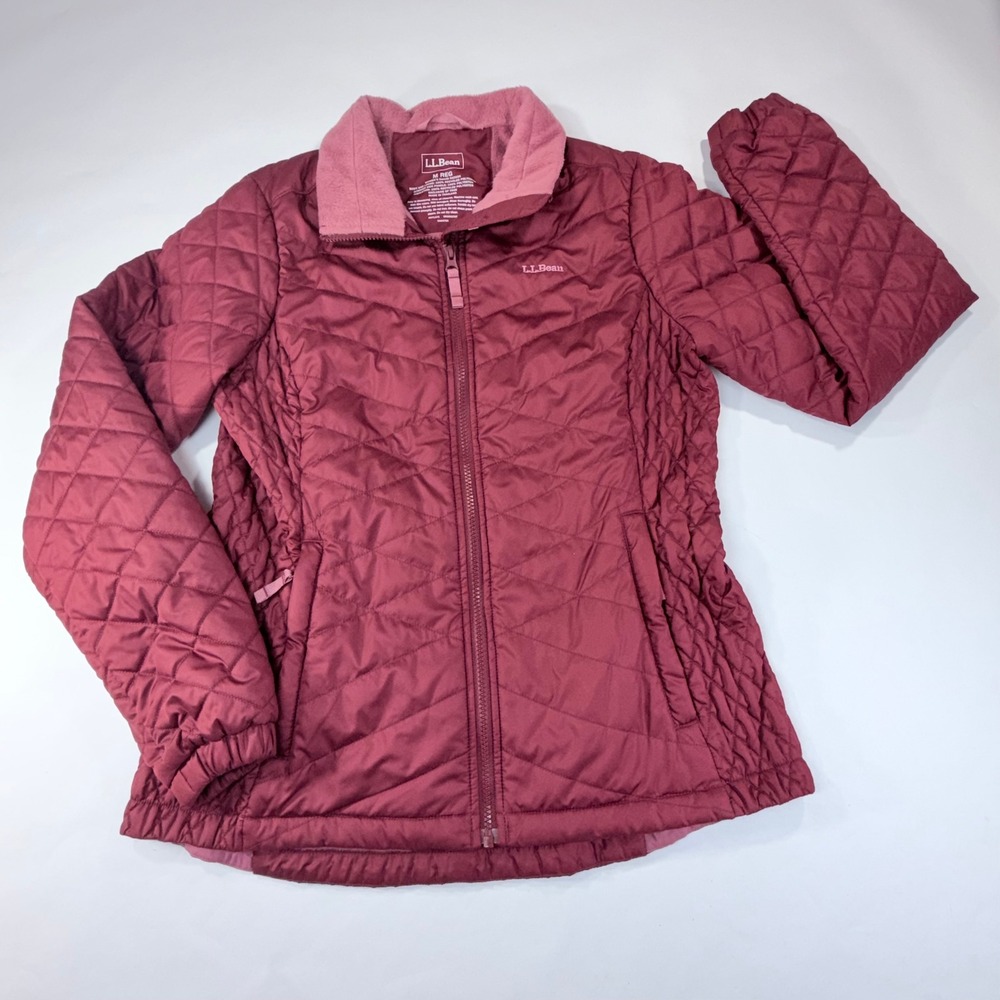 LL Bean Fleece Lined PrimaLoft Jacket Womens M Maroon Quilted Lightweight Warm